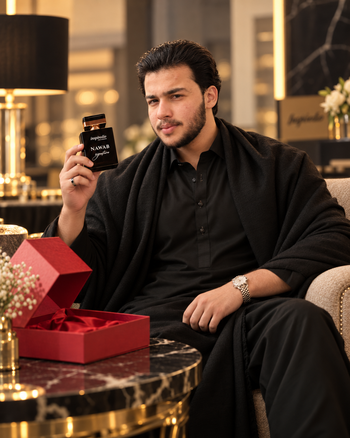 Muhammad Hammad Shah, founder of Inspiredio, holding Nawab Signature perfume